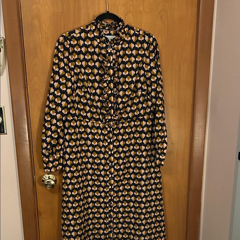 Boden Black Long-Sleeve Floral Button-Front Midi Dress